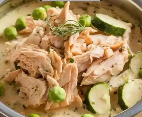 A hearty Chicken Stew with chicken, zucchini, and sweet peas in a savory broth.