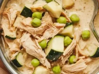 Homemade chicken, zucchini, and sweet peas dog stew in a bowl