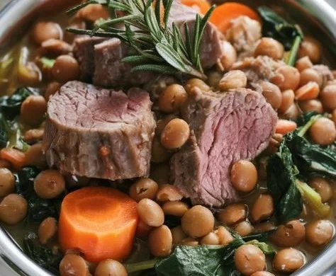 A bowl of dog-friendly lamb and lentil stew with fresh ingredients