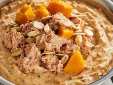 Bowl of homemade dog food with fresh ingredients for a healthy diet