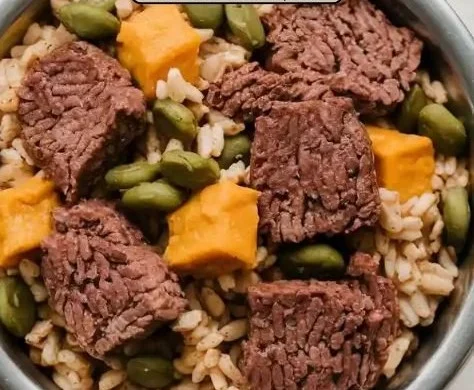 Bowl of homemade dog food ingredients with vegetables and meat