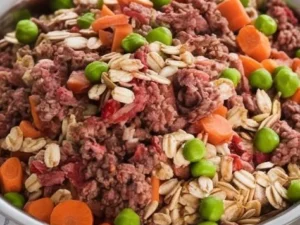 Bowl of homemade dog food prepared with fresh ingredients