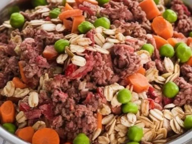 Bowl of homemade dog food prepared with fresh ingredients
