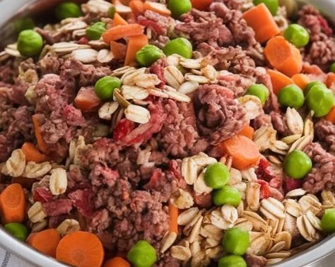 Bowl of homemade dog food prepared with fresh ingredients