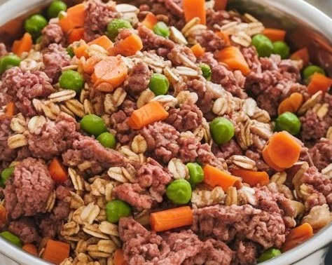 A bowl of homemade dog food with fresh ingredients and vegetables