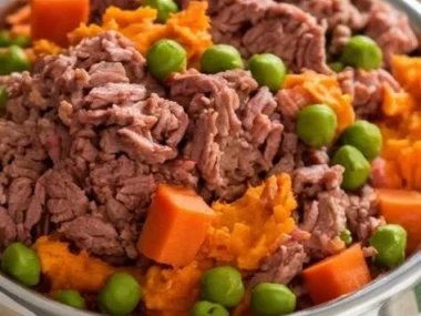 Homemade dog food recipe with lamb and sweet potatoes for healthy pups