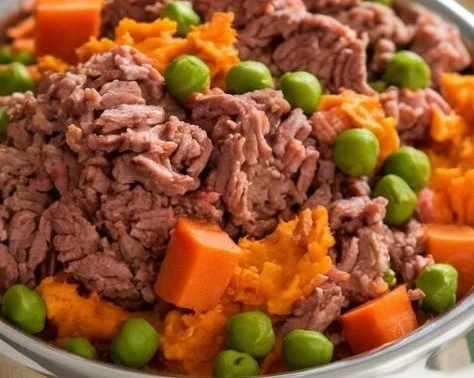 Homemade dog food recipe with lamb and sweet potatoes for healthy pups