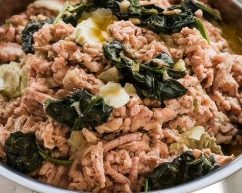 Homemade dog food recipe featuring turkey and spinach for pet health.