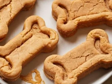 Homemade peanut butter dog treats with fresh ingredients on a wooden table