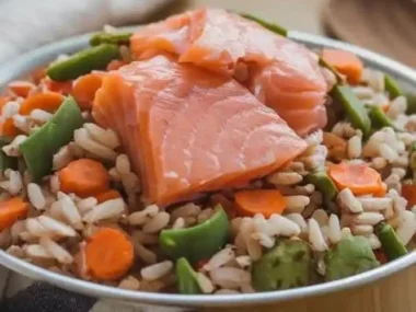 Homemade salmon and brown rice dog food recipe for healthy dogs
