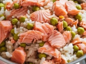 Bowl of homemade salmon dog food for a nutritious meal