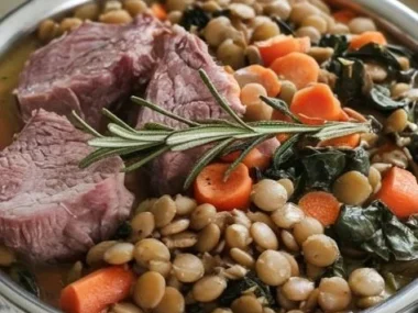 Healthy lamb and lentil stew recipe for dogs in a bowl