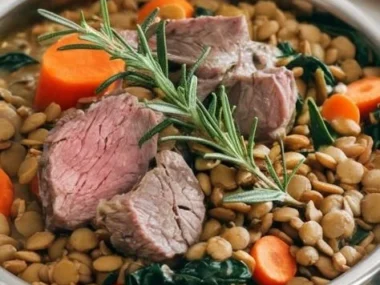 Homemade lamb and lentil stew for dogs in a bowl
