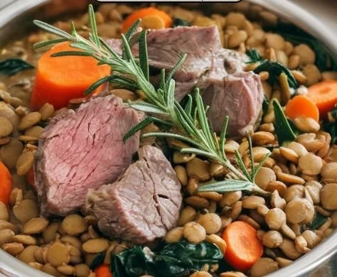 Homemade lamb and lentil stew for dogs in a bowl