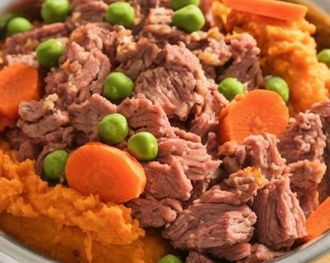 Bowl of lamb and sweet potato dog food for healthy canine nutrition