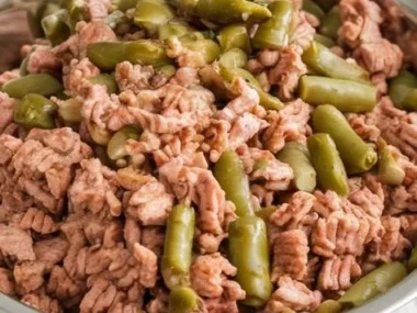 A bowl of lean turkey and green beans, a healthy meal option for dogs.