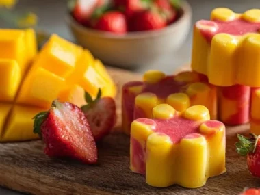 Homemade mango and strawberry frozen dog treats on a plate