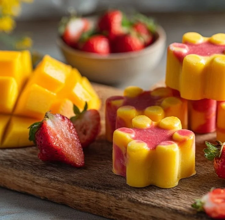 Homemade mango and strawberry frozen dog treats on a plate