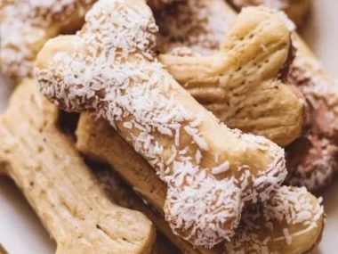 No-bake banana coconut dog treats on a wooden table