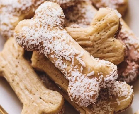 No-bake banana coconut dog treats on a wooden table