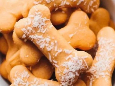 No-bake sweet potato and flax seed dog treats on a wooden table