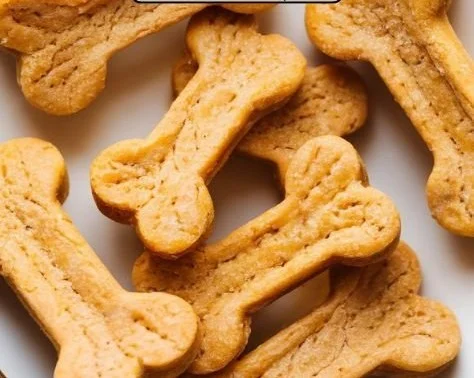 Homemade pumpkin dog treats on a wooden surface