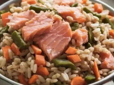 A bowl of salmon and brown rice meal for healthy dogs