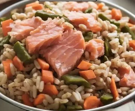 A bowl of salmon and brown rice meal for healthy dogs