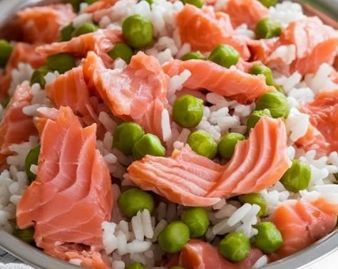 Healthy salmon and rice meal prepared for dogs, promoting nutrition and wellness.