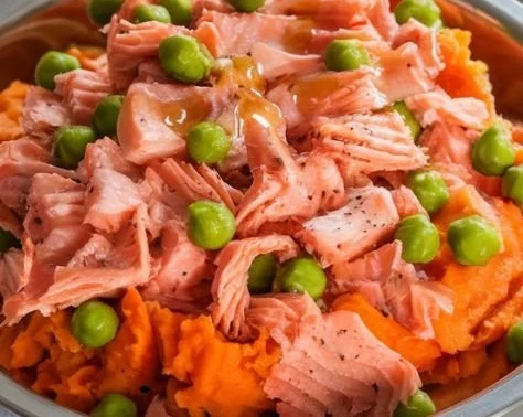 A bag of Salmon and Sweet Potato dog food with a healthy dog in the background