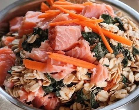 Bowl of premium salmon dog food with fresh ingredients