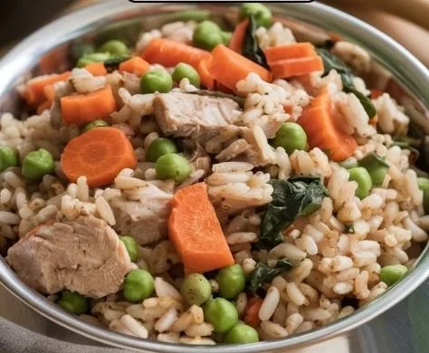 Homemade slow cooker dog food in a bowl with fresh ingredients