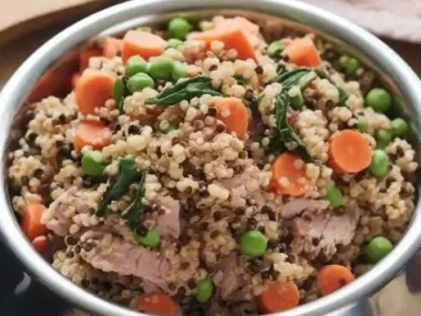 Bowl of Turkey Quinoa Dog Food with fresh ingredients for nutrition and flavor.