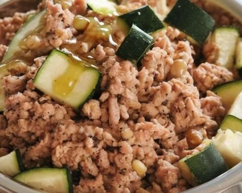 Turkey and zucchini dog dinner served in a bowl for pets