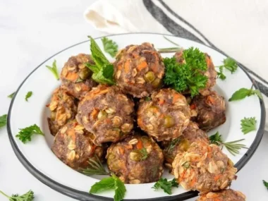 Homemade bison meatballs for dogs, a healthy dog treat alternative.