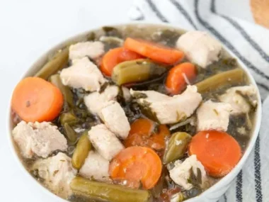 Homemade chicken stew for dogs in a bowl with fresh ingredients