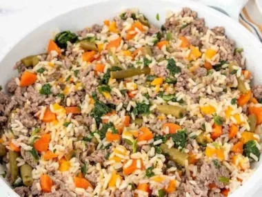 Bowl of ground beef dog food for healthy canine nutrition