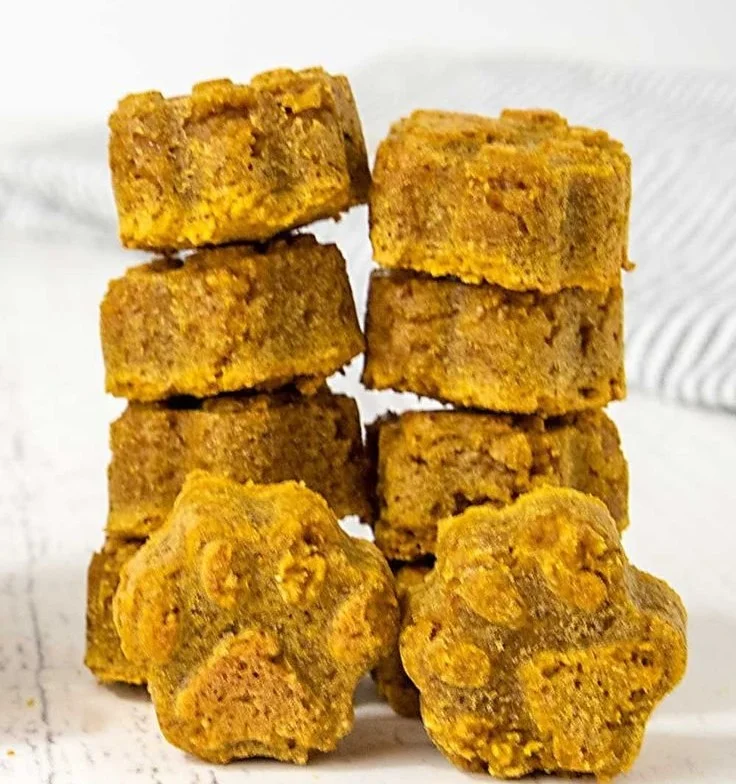 Homemade peanut butter pumpkin dog treats on a wooden table