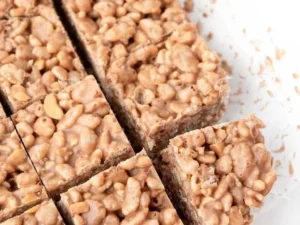 Homemade Rice Krispie Treats for Dogs in a colorful bowl